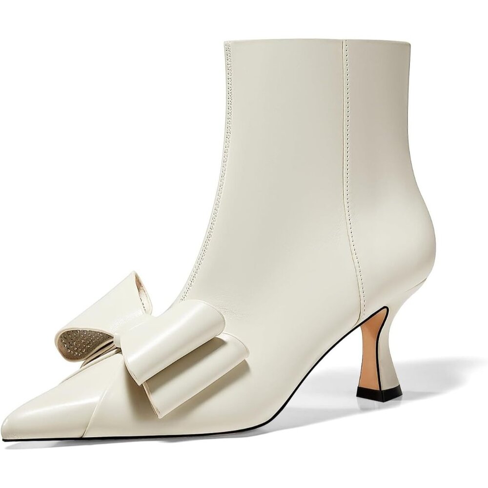 Womens White Kitten Heel Ankle Boots Rhinestone Bow Pointed Toe Booties
